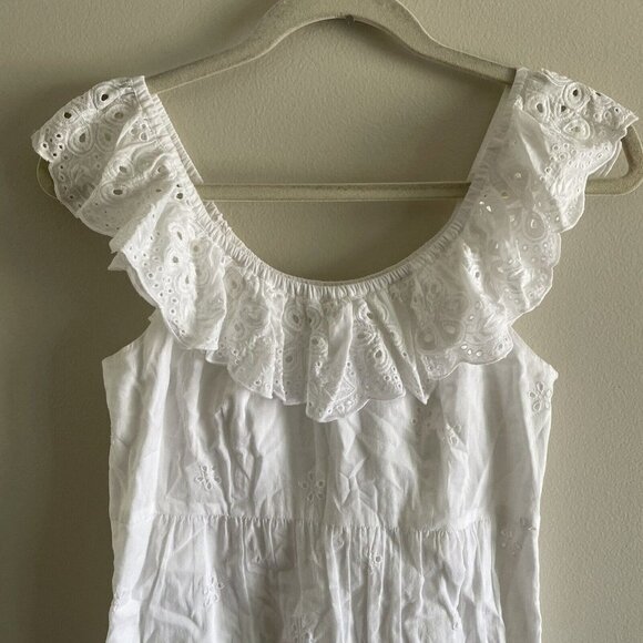 Ann Taylor Loft Women SZ 6 White Eyelet Ruffle Lined Ruffled/Off Shoulder Dress - Picture 3 of 7